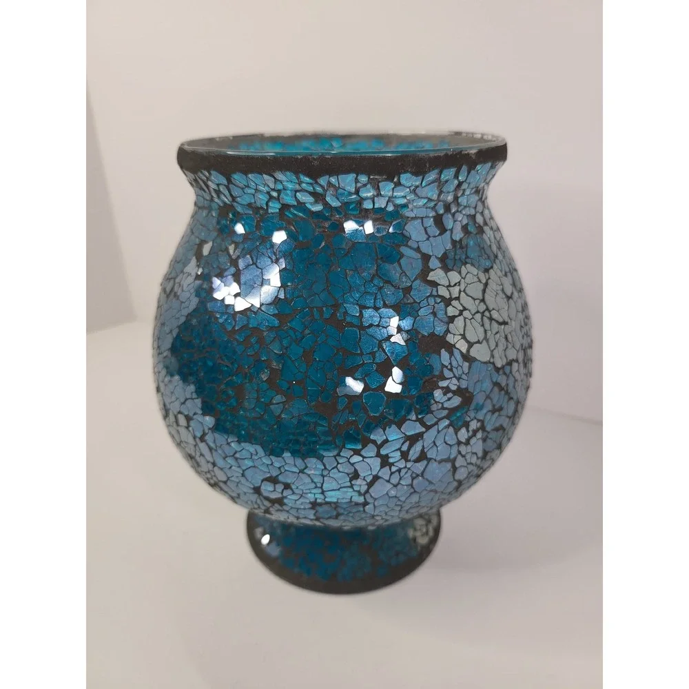 Blue Mosaic Glass Vase Pedestal Urn Decorative Cracked Glass Teal Home Decor 7in